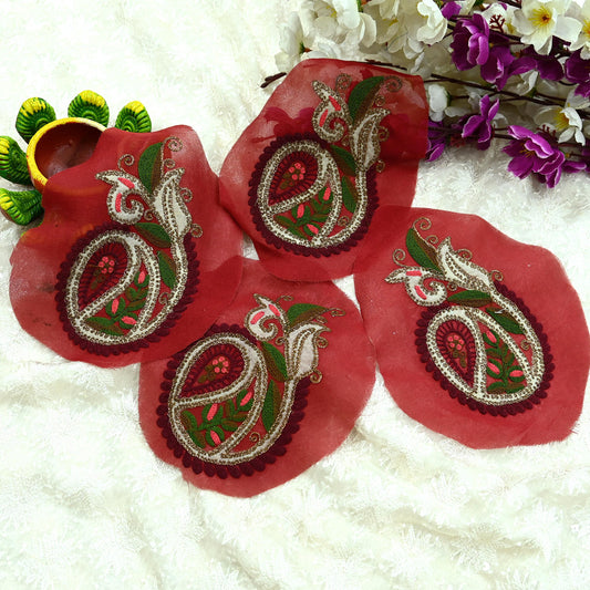 Indian Vintage 4 Pcs Rare Appliques Red Georgette Applique VERY OLD ANTIQUE Vintage Embroidered Snippets Remnants Craft Journals