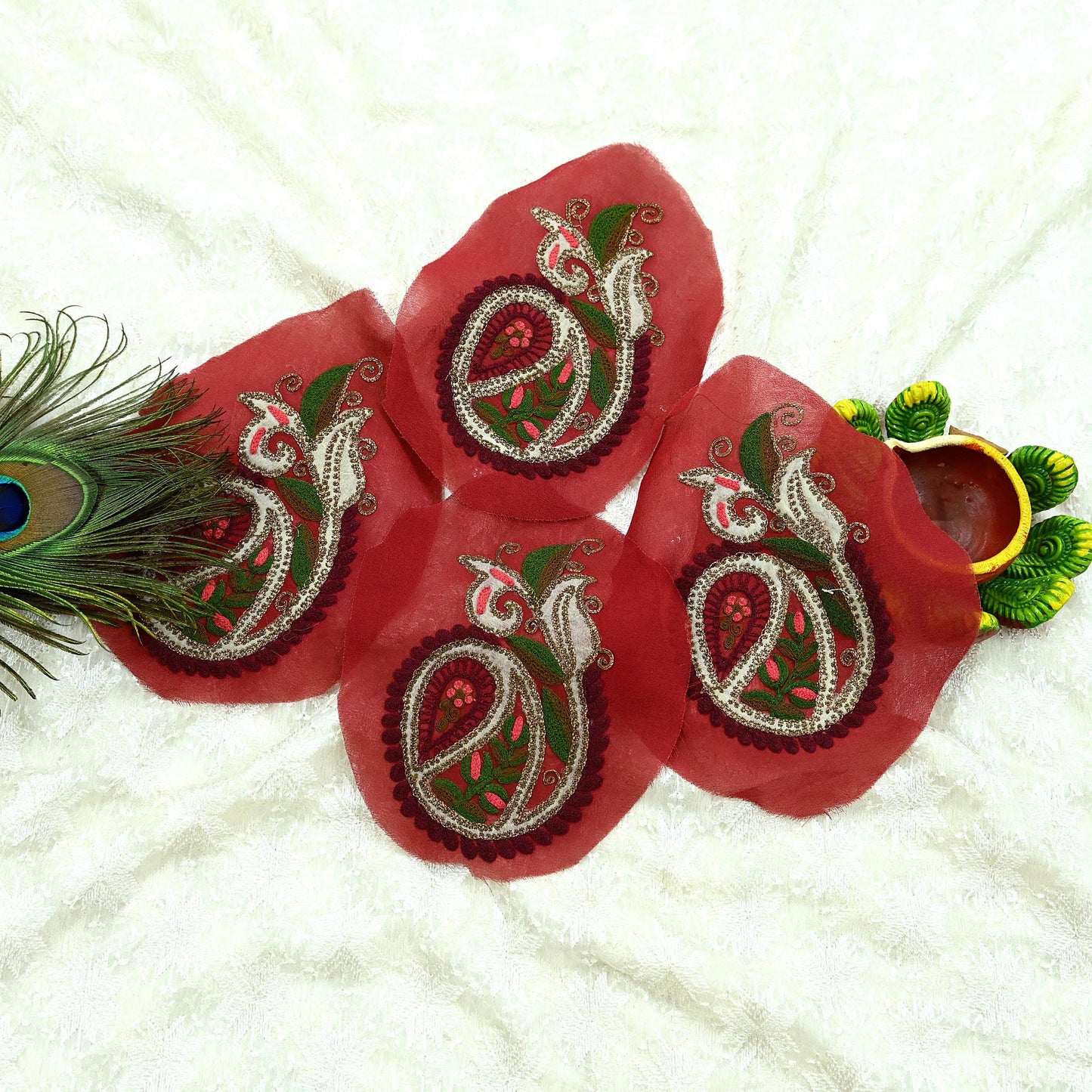 Indian Vintage 4 Pcs Rare Appliques Red Georgette Applique VERY OLD ANTIQUE Vintage Embroidered Snippets Remnants Craft Journals