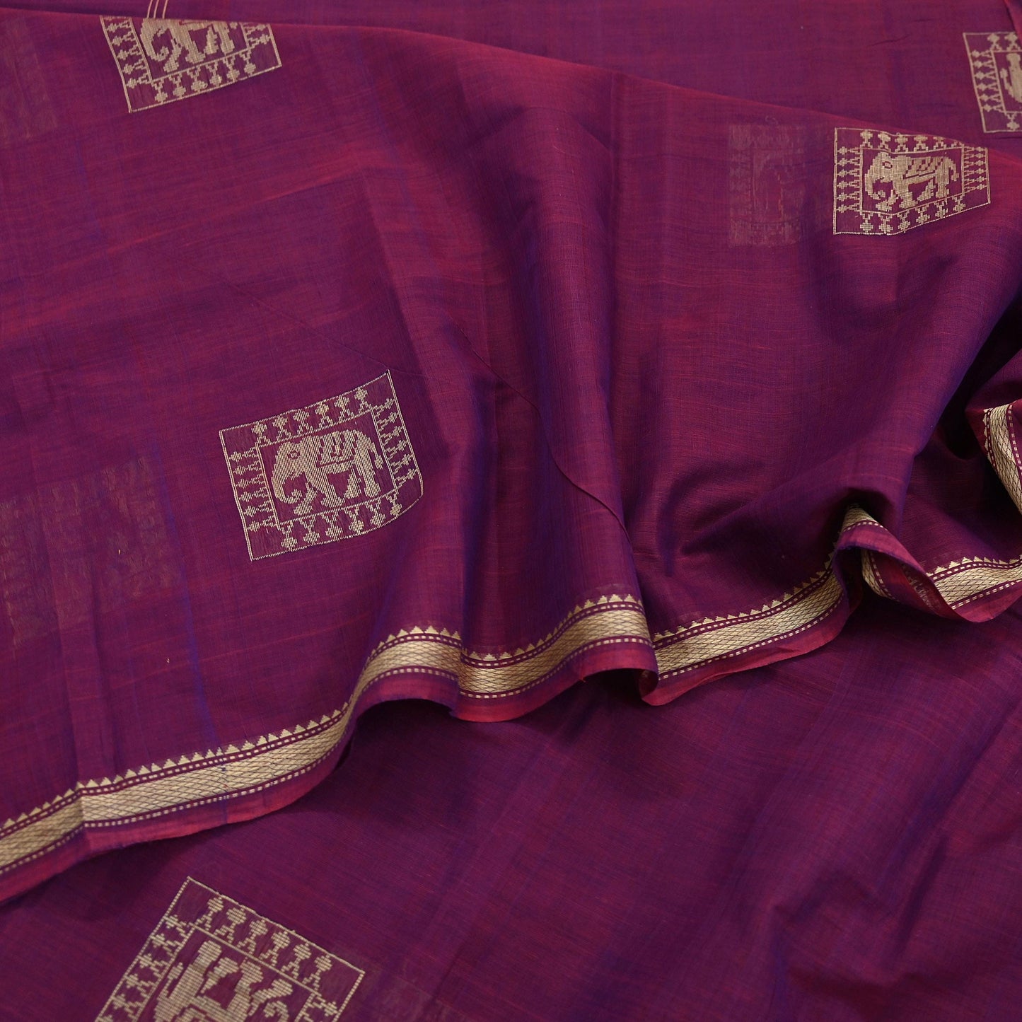 Indian Vintage Sari Purple Pure Cotton Hand Woven Sarees Craft Fabric 5yd Ethnic Crafting Quilting Dress Making Quilting Upcycle Elephants