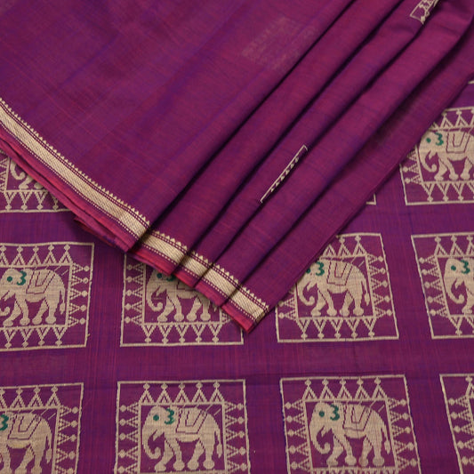 Indian Vintage Sari Purple Pure Cotton Hand Woven Sarees Craft Fabric 5yd Ethnic Crafting Quilting Dress Making Quilting Upcycle Elephants
