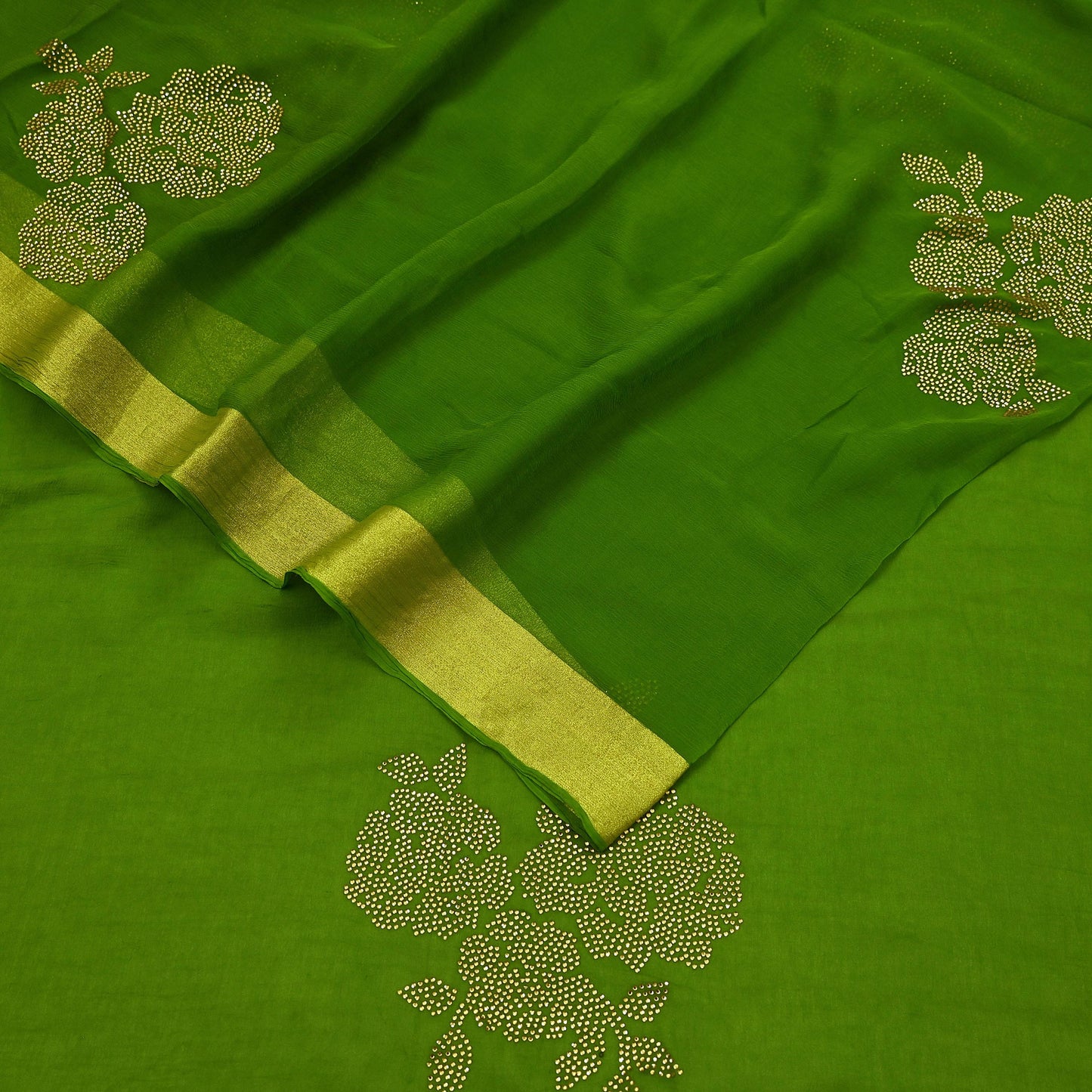 Indian Vintage Sari Green Blend Chiffon Woven Sarees Sari 5Yd Craft Fabric Dress Making Sewing Crafting Zari Border