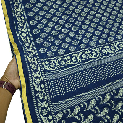 Indian Vintage Sari Blue Pure Chanderi Cotton Hand Block Printed Sarees 5Yd Craft Fabric Soft Sewing Sarong Dress Making Quilting