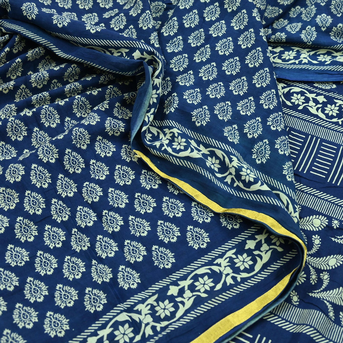 Indian Vintage Sari Blue Pure Chanderi Cotton Hand Block Printed Sarees 5Yd Craft Fabric Soft Sewing Sarong Dress Making Quilting