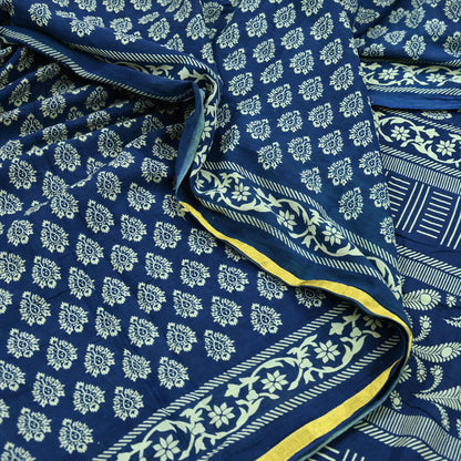 Indian Vintage Sari Blue Pure Chanderi Cotton Hand Block Printed Sarees 5Yd Craft Fabric Soft Sewing Sarong Dress Making Quilting