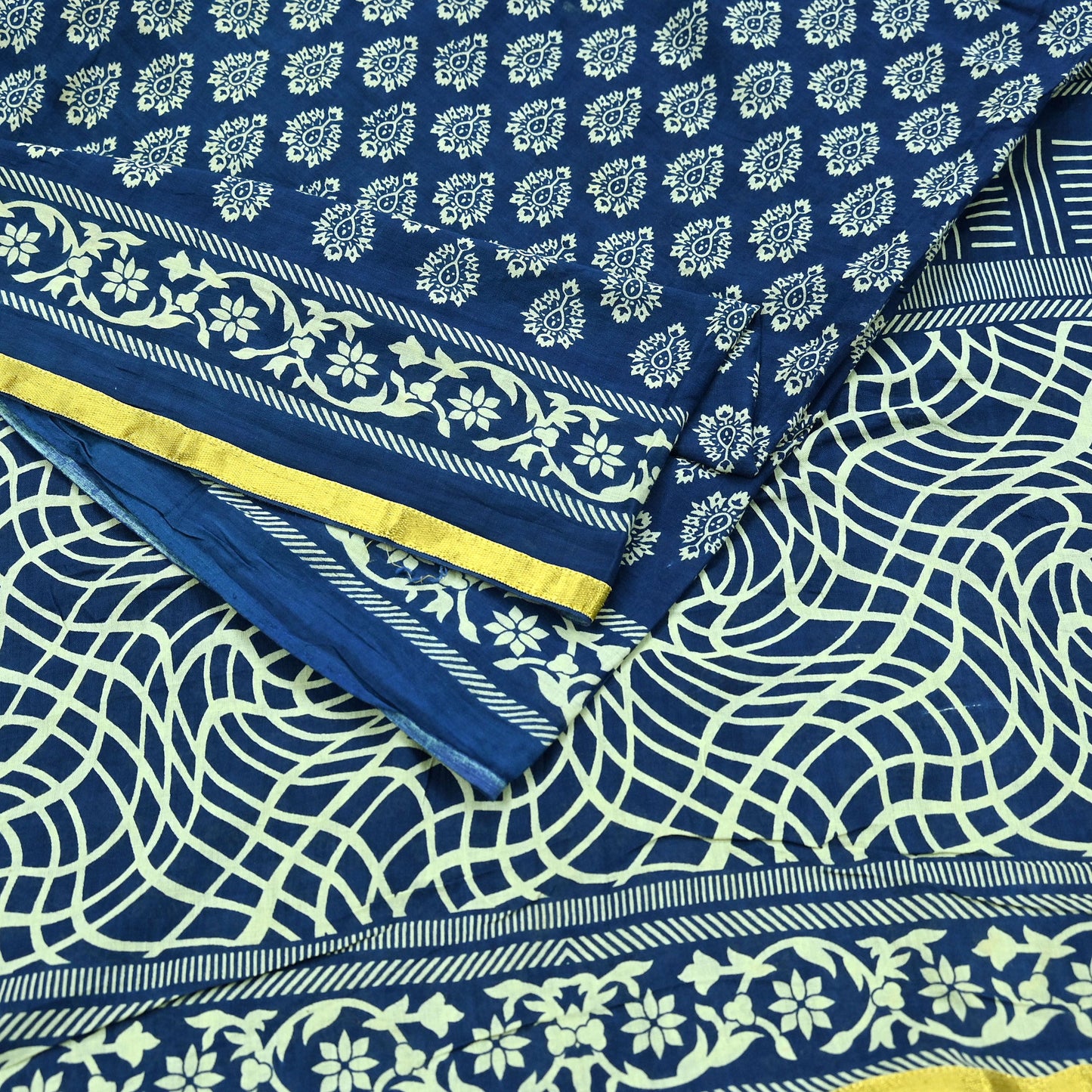 Indian Vintage Sari Blue Pure Chanderi Cotton Hand Block Printed Sarees 5Yd Craft Fabric Soft Sewing Sarong Dress Making Quilting
