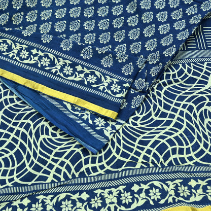 Indian Vintage Sari Blue Pure Chanderi Cotton Hand Block Printed Sarees 5Yd Craft Fabric Soft Sewing Sarong Dress Making Quilting