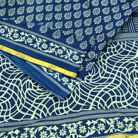 Indian Vintage Sari Blue Pure Chanderi Cotton Hand Block Printed Sarees 5Yd Craft Fabric Soft Sewing Sarong Dress Making Quilting