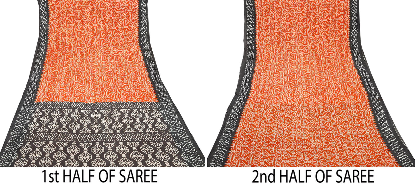 Indian Vintage Sari Brown & Orange Printed Pure Cotton Sarees Craft Soft Fabric 5Yd Sewing Sarong Wrap Boho Floral Upcycle Dress making