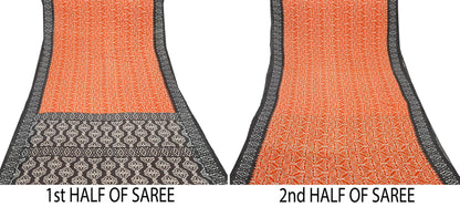 Indian Vintage Sari Brown & Orange Printed Pure Cotton Sarees Craft Soft Fabric 5Yd Sewing Sarong Wrap Boho Floral Upcycle Dress making