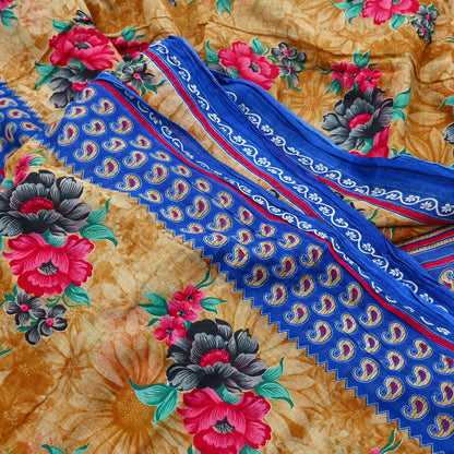 Indian Vintage Saffron & Blue Saree Printed Pure Cotton Sari Craft Fabric 5Yd Sewing Soft Sarong Wrap Boho Floral Quilting Crafting