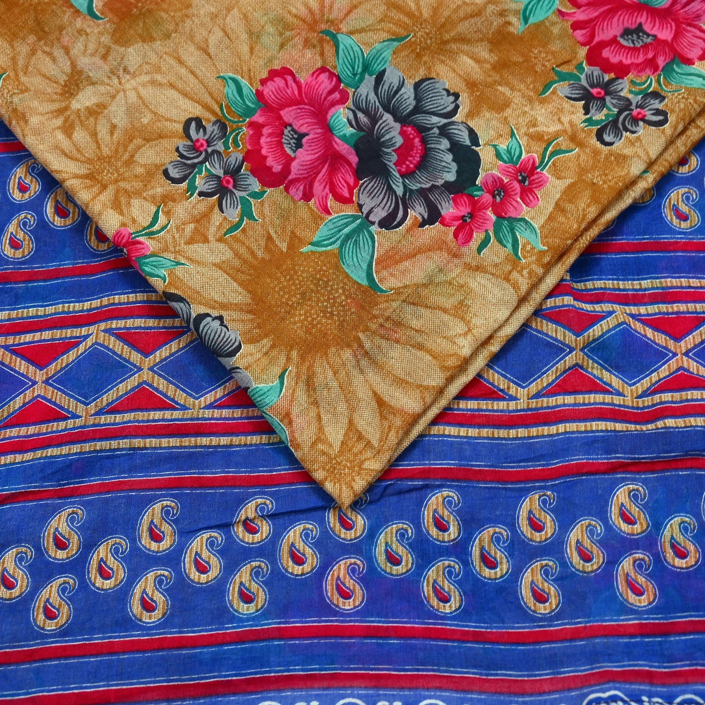 Indian Vintage Saffron & Blue Saree Printed Pure Cotton Sari Craft Fabric 5Yd Sewing Soft Sarong Wrap Boho Floral Quilting Crafting
