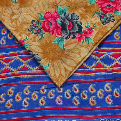 Indian Vintage Saffron & Blue Saree Printed Pure Cotton Sari Craft Fabric 5Yd Sewing Soft Sarong Wrap Boho Floral Quilting Crafting