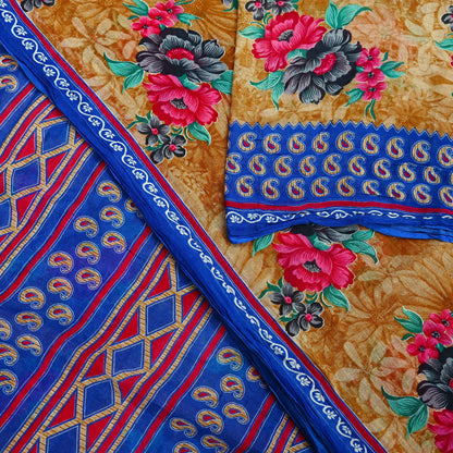 Indian Vintage Saffron & Blue Saree Printed Pure Cotton Sari Craft Fabric 5Yd Sewing Soft Sarong Wrap Boho Floral Quilting Crafting