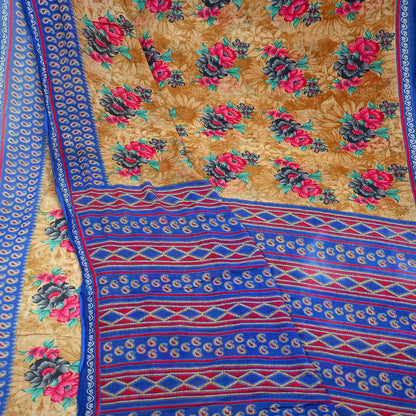 Indian Vintage Saffron & Blue Saree Printed Pure Cotton Sari Craft Fabric 5Yd Sewing Soft Sarong Wrap Boho Floral Quilting Crafting