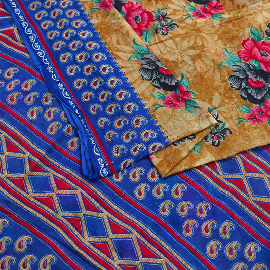 Indian Vintage Saffron & Blue Saree Printed Pure Cotton Sari Craft Fabric 5Yd Sewing Soft Sarong Wrap Boho Floral Quilting Crafting