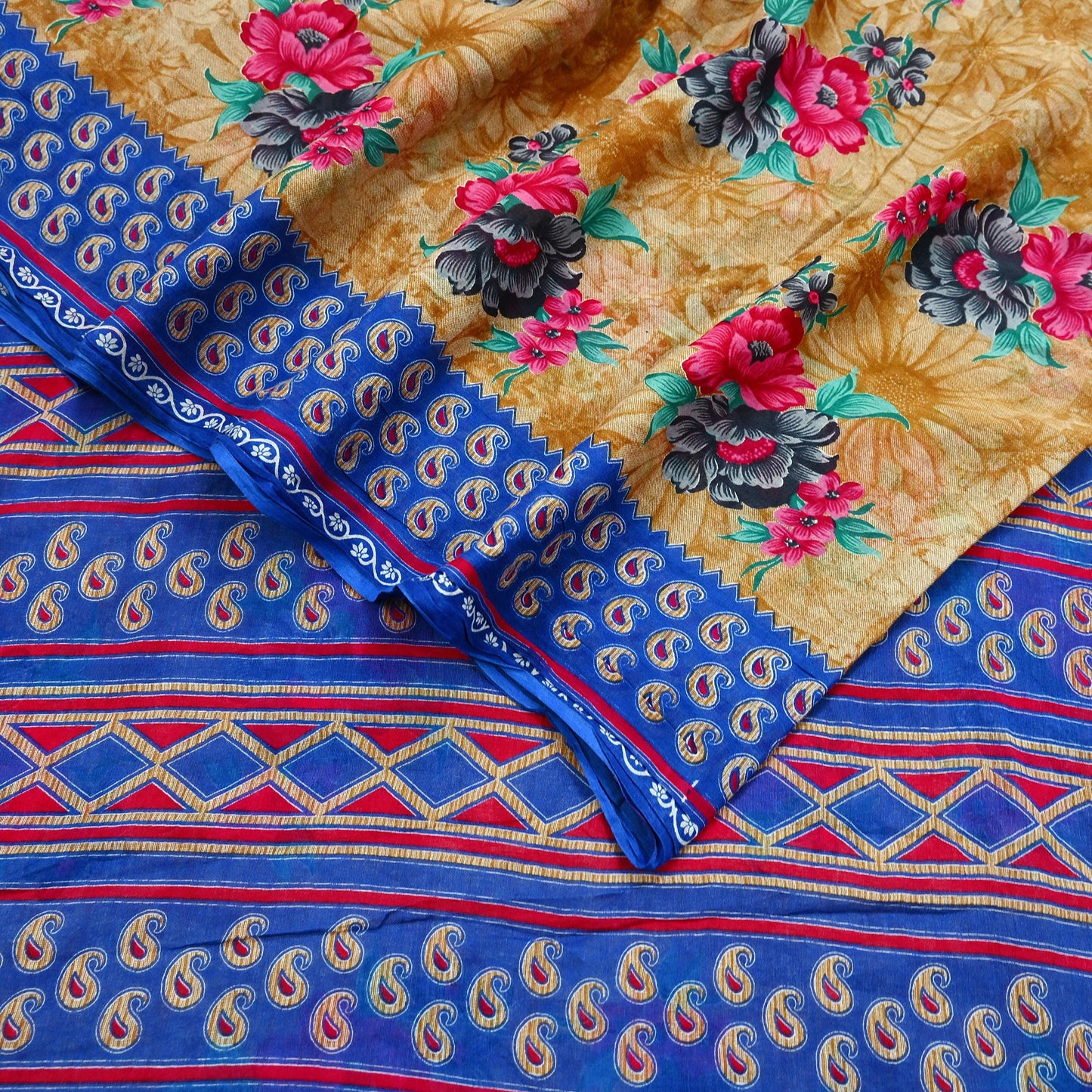 Indian Vintage Saffron & Blue Saree Printed Pure Cotton Sari Craft Fabric 5Yd Sewing Soft Sarong Wrap Boho Floral Quilting Crafting