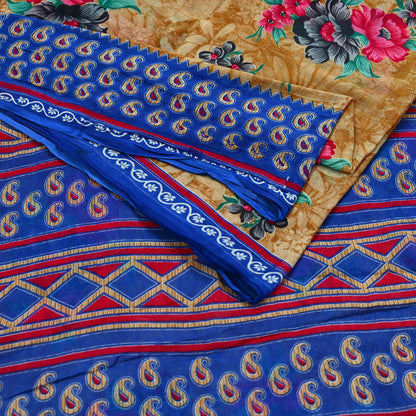 Indian Vintage Saffron & Blue Saree Printed Pure Cotton Sari Craft Fabric 5Yd Sewing Soft Sarong Wrap Boho Floral Quilting Crafting