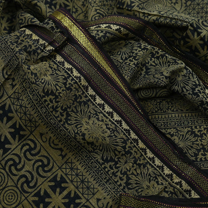 Indian Vintage Sari Beige & Black Printed Pure Cotton Sarees Fabric Floral 5Yd Sarong Wrap Boho Fabric Kimono Soft Dress making Crafting
