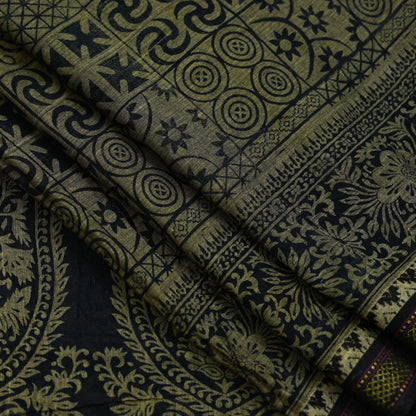 Indian Vintage Sari Beige & Black Printed Pure Cotton Sarees Fabric Floral 5Yd Sarong Wrap Boho Fabric Kimono Soft Dress making Crafting