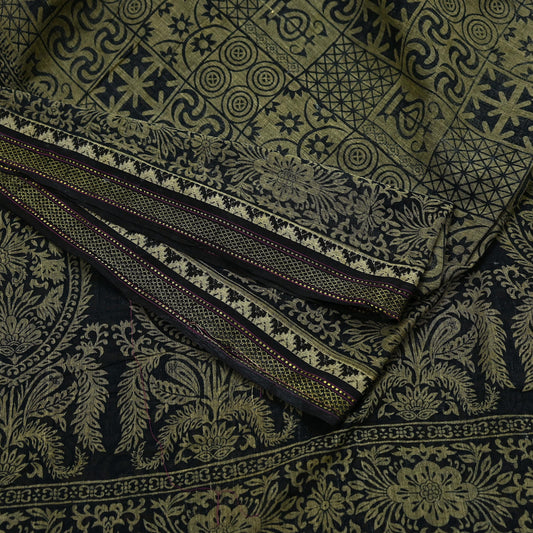 Indian Vintage Sari Beige & Black Printed Pure Cotton Sarees Fabric Floral 5Yd Sarong Wrap Boho Fabric Kimono Soft Dress making Crafting