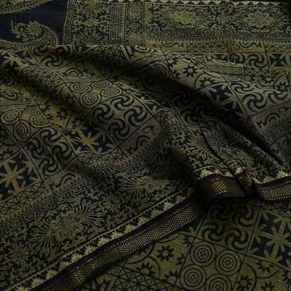 Indian Vintage Sari Beige & Black Printed Pure Cotton Sarees Fabric Floral 5Yd Sarong Wrap Boho Fabric Kimono Soft Dress making Crafting