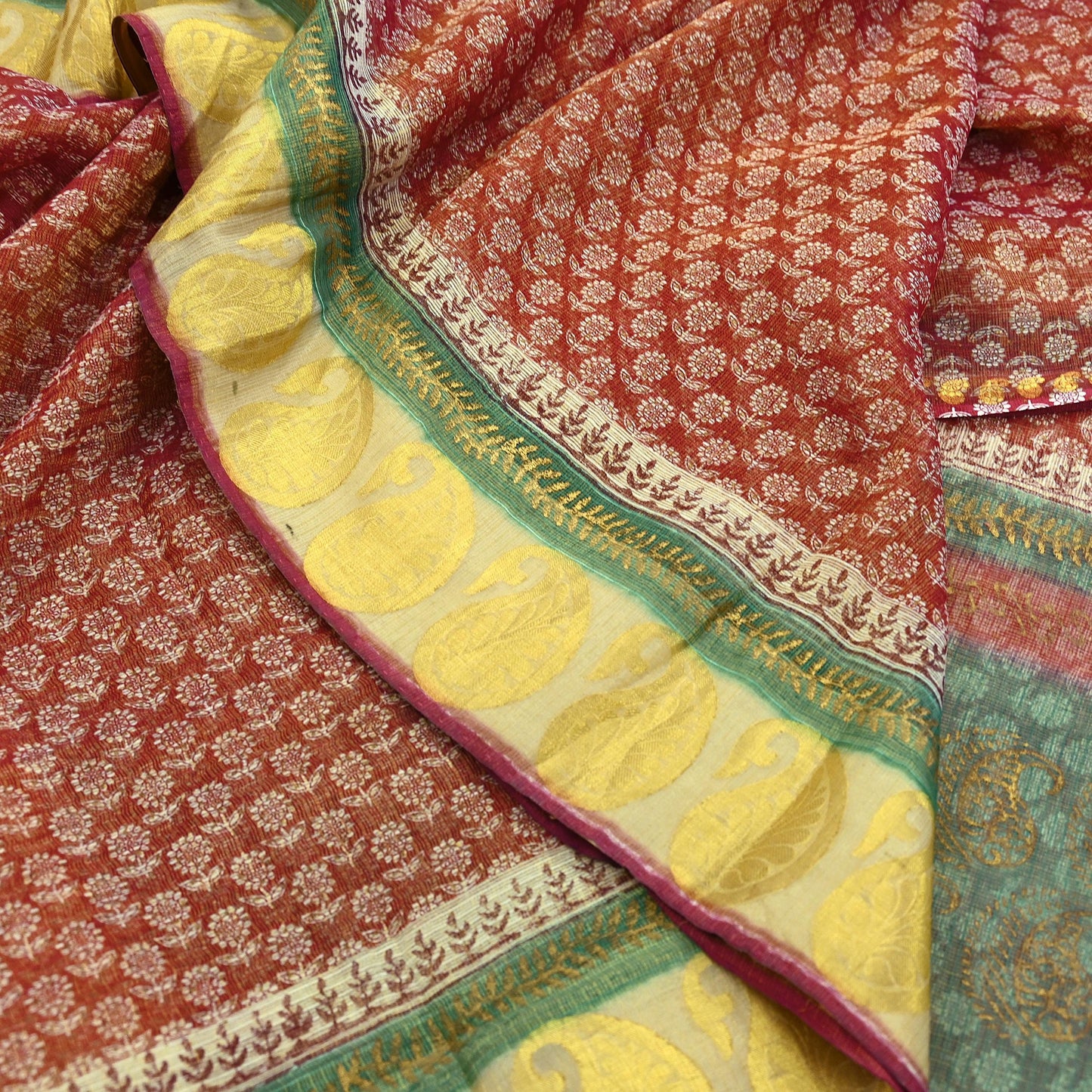 Indian Vintage Sari Red Pure chanderi Silk Hand Woven/ Painted Sarees Craft Fabric 5Yd Floral Soft Golden Zari Bollywood Sarees Crafting