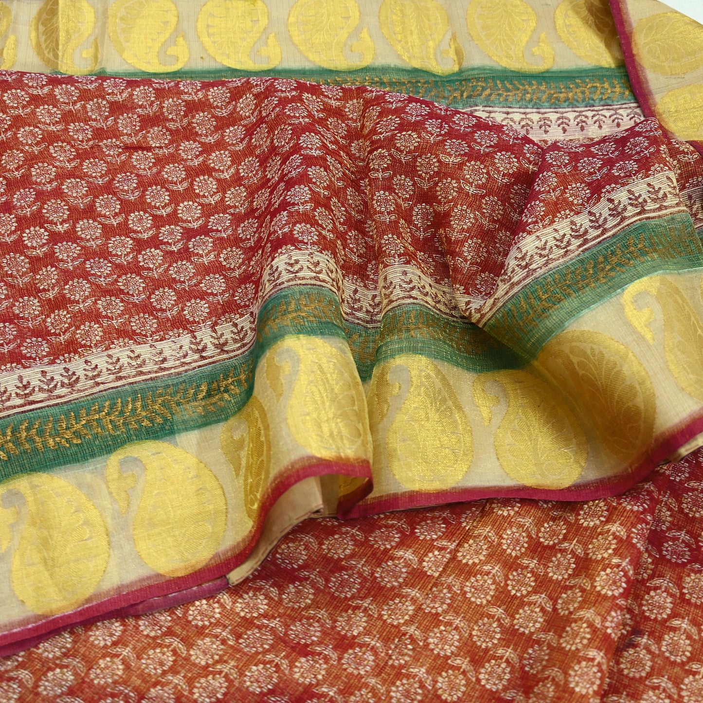 Indian Vintage Sari Red Pure chanderi Silk Hand Woven/ Painted Sarees Craft Fabric 5Yd Floral Soft Golden Zari Bollywood Sarees Crafting