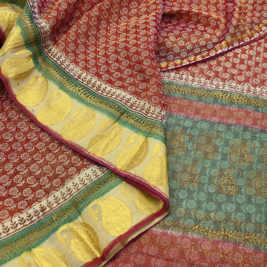 Indian Vintage Sari Red Pure chanderi Silk Hand Woven/ Painted Sarees Craft Fabric 5Yd Floral Soft Golden Zari Bollywood Sarees Crafting