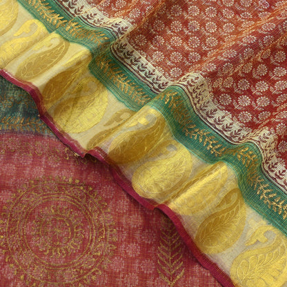 Indian Vintage Sari Red Pure chanderi Silk Hand Woven/ Painted Sarees Craft Fabric 5Yd Floral Soft Golden Zari Bollywood Sarees Crafting