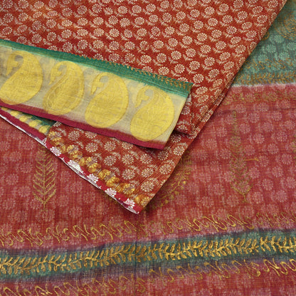 Indian Vintage Sari Red Pure chanderi Silk Hand Woven/ Painted Sarees Craft Fabric 5Yd Floral Soft Golden Zari Bollywood Sarees Crafting