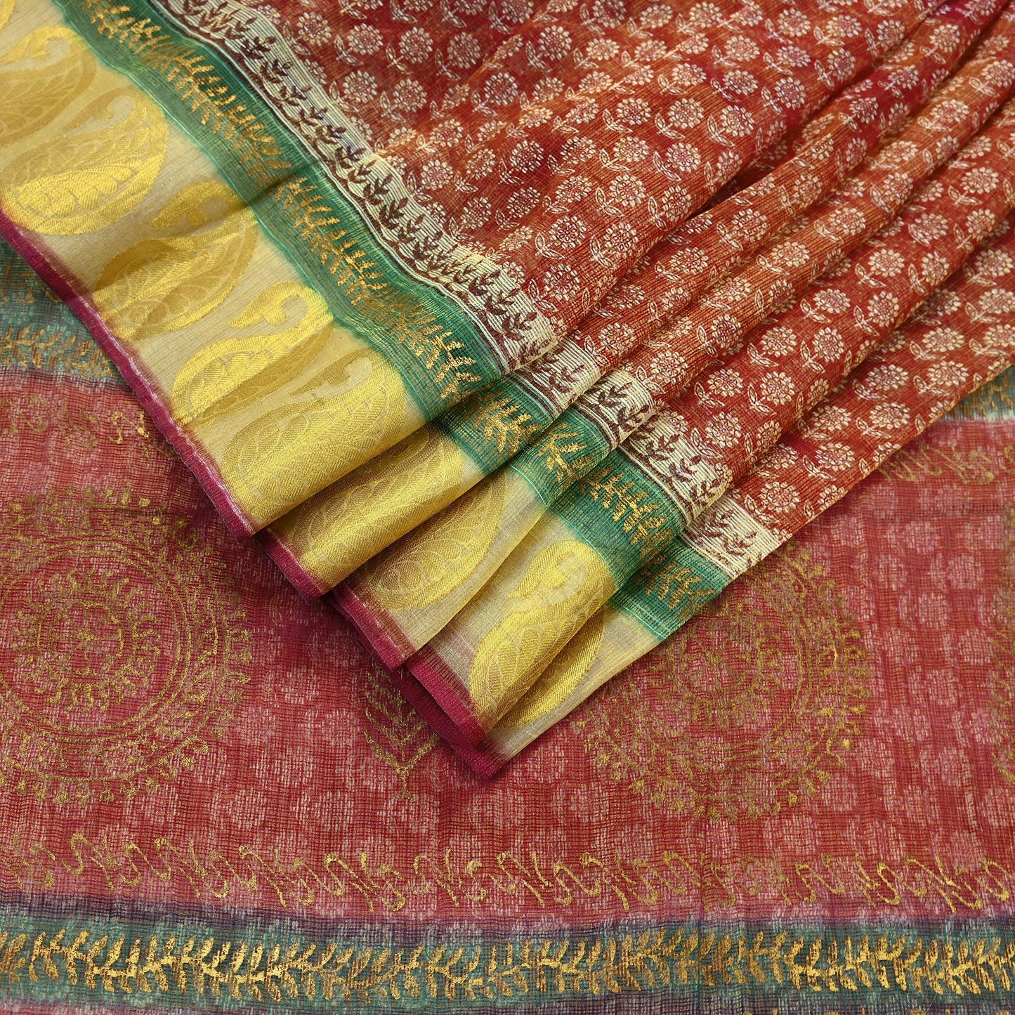 Indian Vintage Sari Red Pure chanderi Silk Hand Woven/ Painted Sarees Craft Fabric 5Yd Floral Soft Golden Zari Bollywood Sarees Crafting