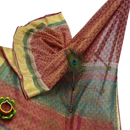 Indian Vintage Sari Red Pure chanderi Silk Hand Woven/ Painted Sarees Craft Fabric 5Yd Floral Soft Golden Zari Bollywood Sarees Crafting