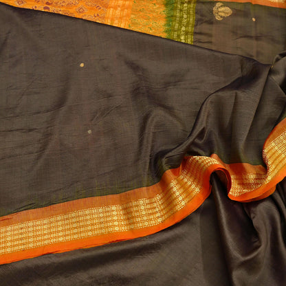 Indian Vintage Sari Saffron & Brown 100% Pure Silk Hand Woven Sarees Craft Fabric 5Yd Ethnic Sewing Dress making Crafting Quilting Upcycle