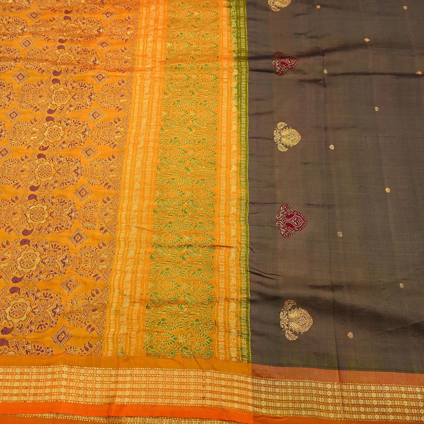 Indian Vintage Sari Saffron & Brown 100% Pure Silk Hand Woven Sarees Craft Fabric 5Yd Ethnic Sewing Dress making Crafting Quilting Upcycle