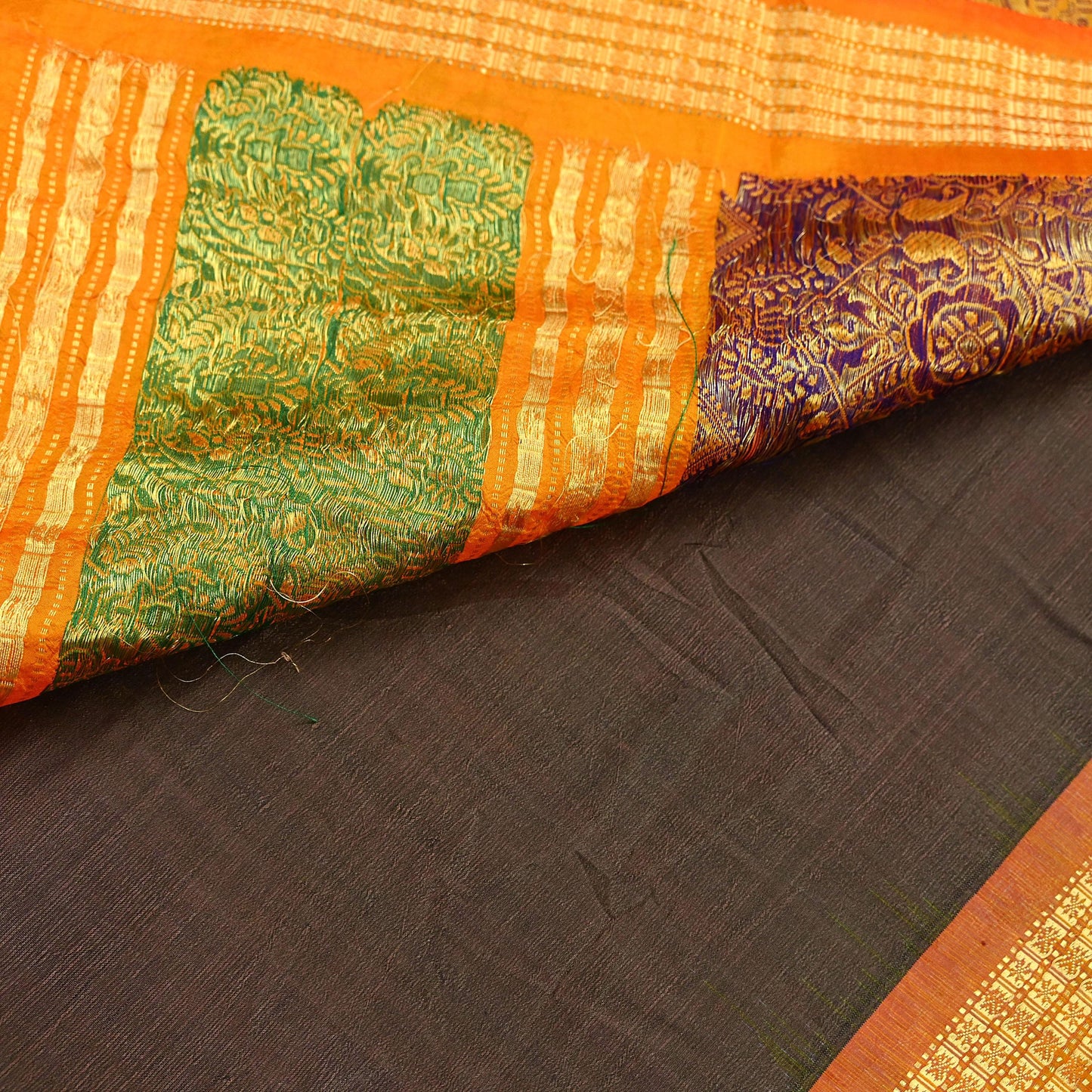 Indian Vintage Sari Saffron & Brown 100% Pure Silk Hand Woven Sarees Craft Fabric 5Yd Ethnic Sewing Dress making Crafting Quilting Upcycle