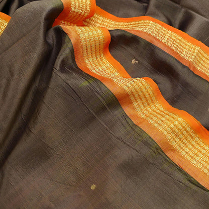 Indian Vintage Sari Saffron & Brown 100% Pure Silk Hand Woven Sarees Craft Fabric 5Yd Ethnic Sewing Dress making Crafting Quilting Upcycle