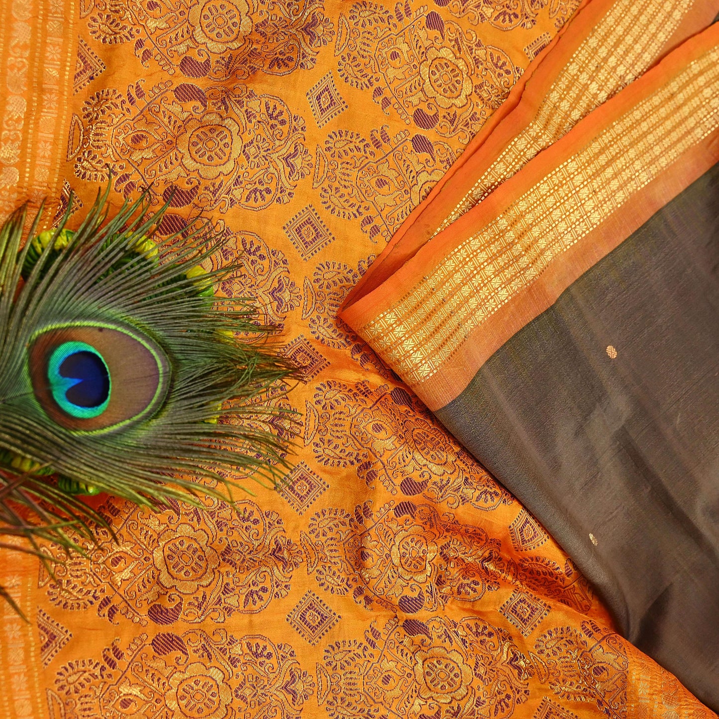 Indian Vintage Sari Saffron & Brown 100% Pure Silk Hand Woven Sarees Craft Fabric 5Yd Ethnic Sewing Dress making Crafting Quilting Upcycle