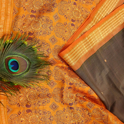 Indian Vintage Sari Saffron & Brown 100% Pure Silk Hand Woven Sarees Craft Fabric 5Yd Ethnic Sewing Dress making Crafting Quilting Upcycle