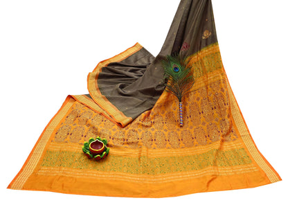 Indian Vintage Sari Saffron & Brown 100% Pure Silk Hand Woven Sarees Craft Fabric 5Yd Ethnic Sewing Dress making Crafting Quilting Upcycle