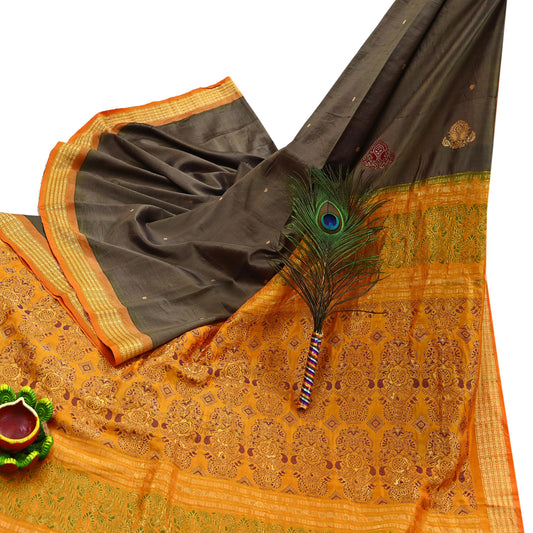 Indian Vintage Sari Saffron & Brown 100% Pure Silk Hand Woven Sarees Craft Fabric 5Yd Ethnic Sewing Dress making Crafting Quilting Upcycle
