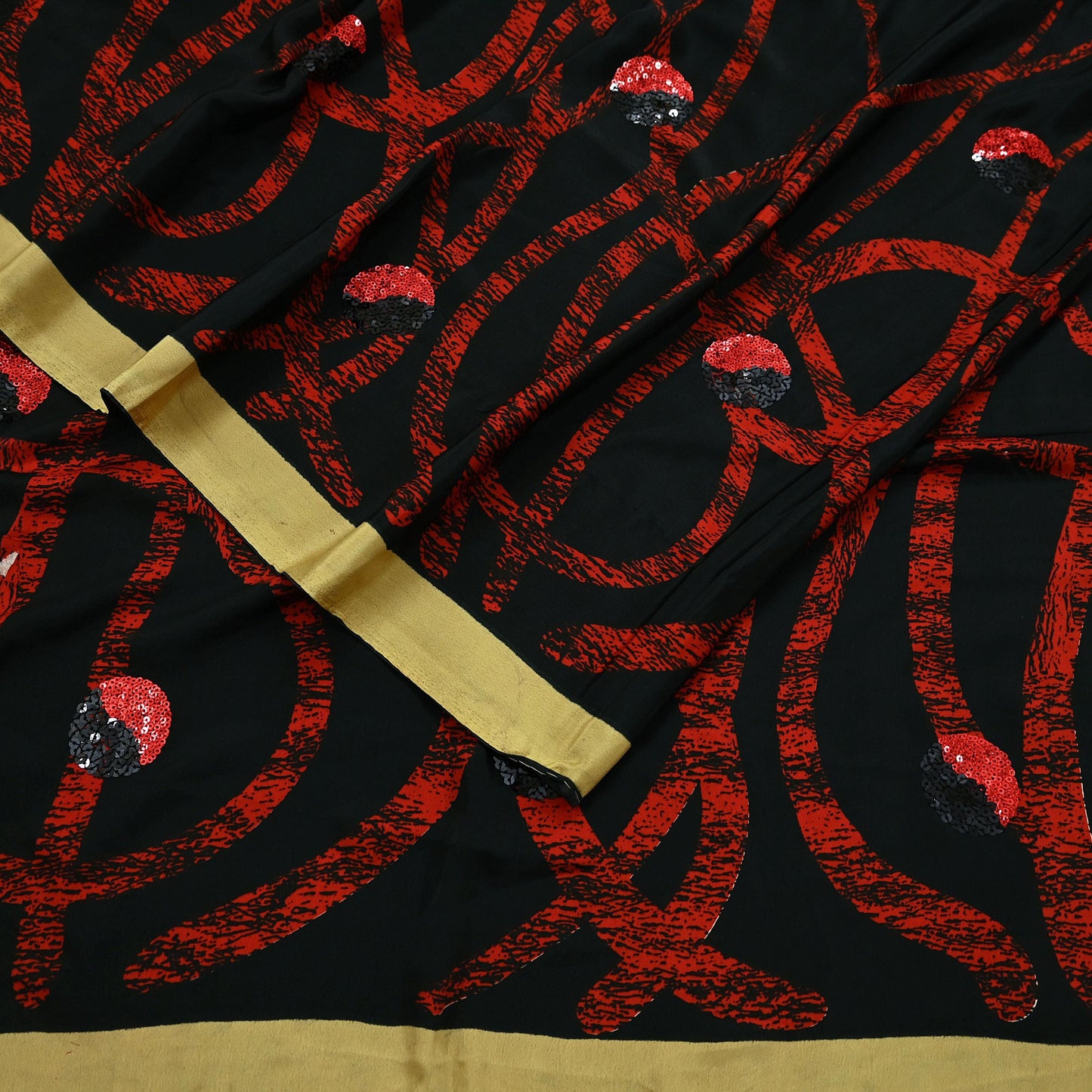 Indian Vintage Saree Red & Black Moss Crepe Embroidered Printed Sari Fabric 5yd Sewing Floral Soft Craft Fabric Dressmaking Quilting