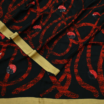 Indian Vintage Saree Red & Black Moss Crepe Embroidered Printed Sari Fabric 5yd Sewing Floral Soft Craft Fabric Dressmaking Quilting