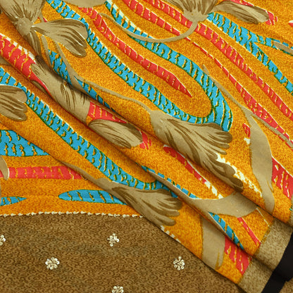 Indian Vintage Sari Saffron & Brown Pure Crepe Silk Hand Embroidered Sarees 5yd Sewing Floral Craft Sequins Dress making Crafting Quilting