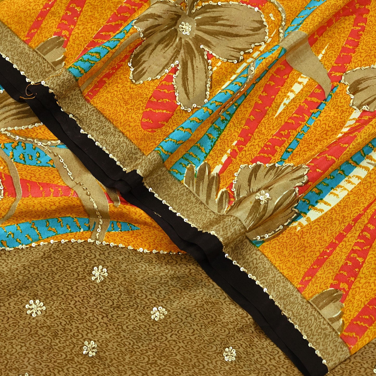 Indian Vintage Sari Saffron & Brown Pure Crepe Silk Hand Embroidered Sarees 5yd Sewing Floral Craft Sequins Dress making Crafting Quilting