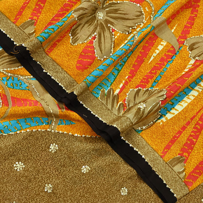 Indian Vintage Sari Saffron & Brown Pure Crepe Silk Hand Embroidered Sarees 5yd Sewing Floral Craft Sequins Dress making Crafting Quilting