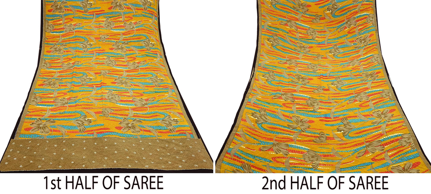 Indian Vintage Sari Saffron & Brown Pure Crepe Silk Hand Embroidered Sarees 5yd Sewing Floral Craft Sequins Dress making Crafting Quilting