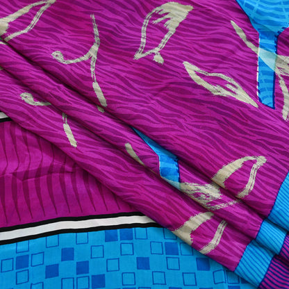 Indian Vintage Blue & Purple Saree Pure Crepe Silk Printed Sari 5yd Sewing Soft Craft Fabric Wrap Dress making Crafting Quilting Upcycle