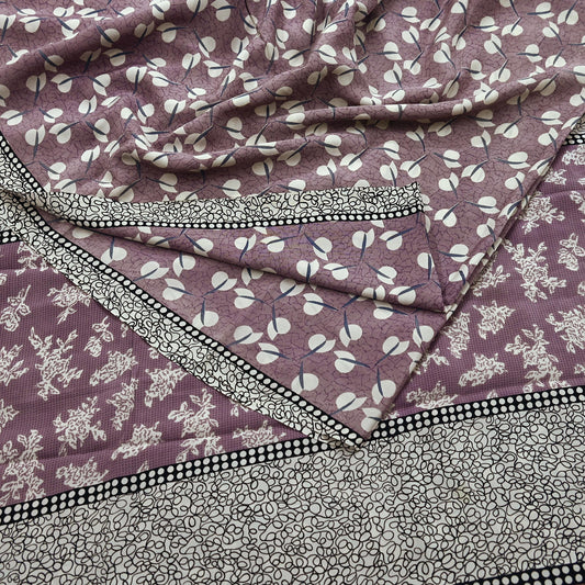 Indian Vintage Ivory & Purple Saree Pure Crepe Silk Printed Sari Craft Fabric 5yd Sewing Floral Soft Dress making For Crafting Quilting