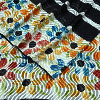 Indian Vintage Sari Black & White 100% Pure Chiffon Silk Woven Brasso Printed Sarees Sewing 5yd Craft Soft Dress Designing for Crafting