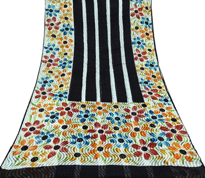 Indian Vintage Sari Black & White 100% Pure Chiffon Silk Woven Brasso Printed Sarees Sewing 5yd Craft Soft Dress Designing for Crafting